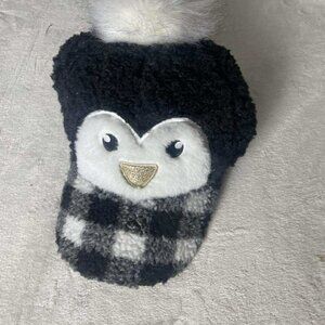 EUC Holiday Time Penguin Black & White Plaid Sherpa Hat Cap One Size